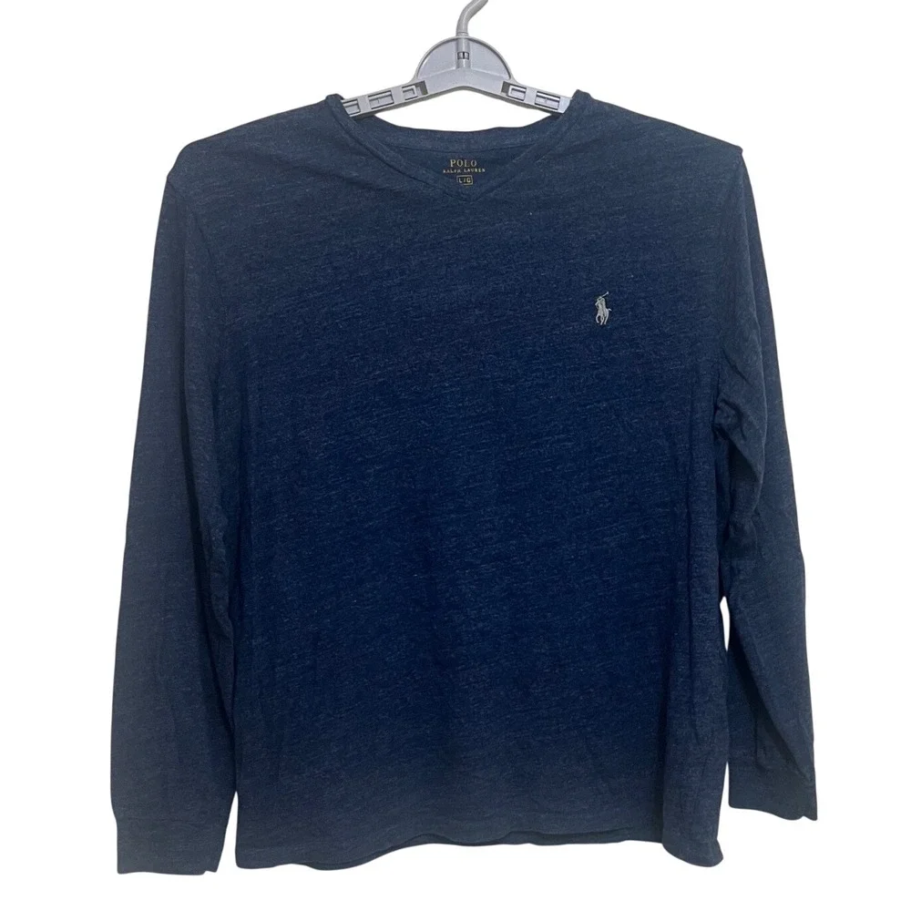 Polo Ralph Lauren T-Shirt Mens L Blue Excellence Long Sleeve V-Neck Cotton Pony